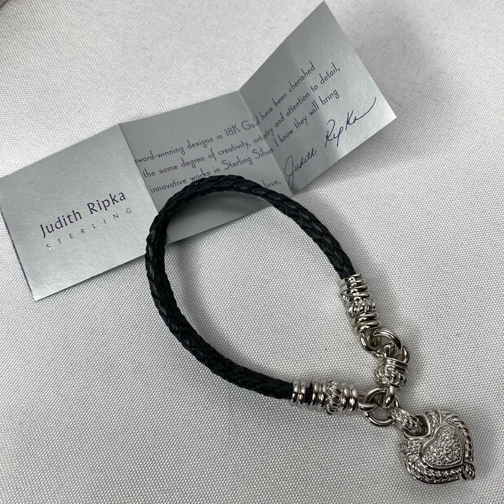 Judith Ripka braided leather cord heart bracelet, sterling silver - Picture 2 of 5